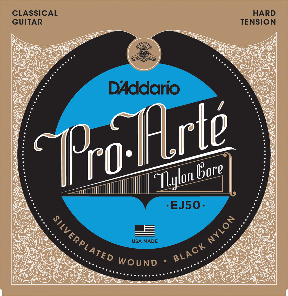 D'Addario EJ50 Pro-Arte Black Nylon Classical Guitar Strings, Hard Tension
