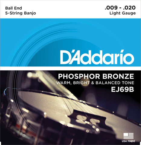 D'Addario EJ69 5-String Ball-End Banjo Strings, Phosphor Bronze, Light, 9-20